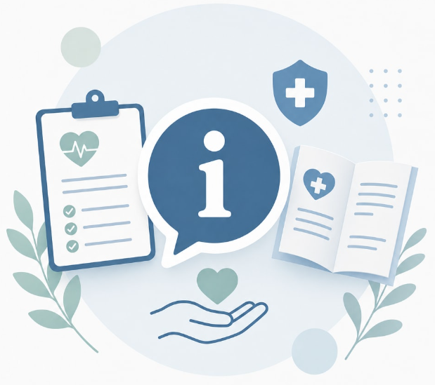 Illustration mit medizinischem Informationssymbol und Checkliste für den ersten Termin